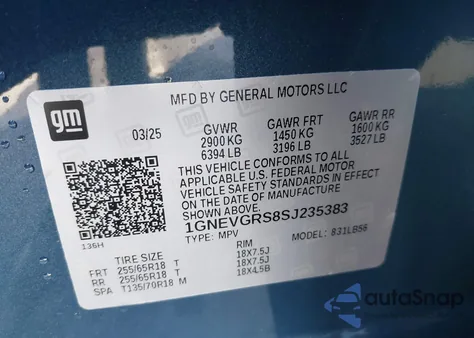 2025 Chevrolet Traverse Awd Lt from USA, damaged, VIN 1GNEVGRS8SJ235383